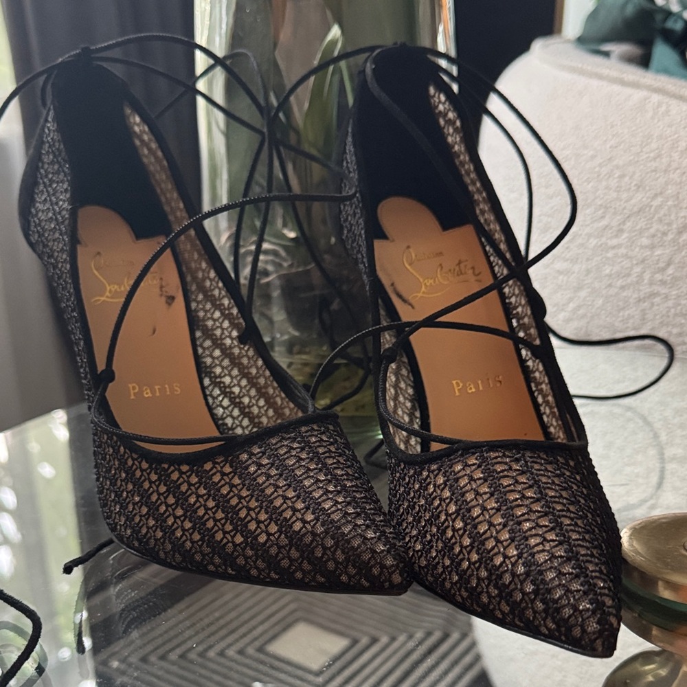 Christian Louboutin Black Mesh Lace-Up Heels
